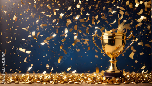 Gold cup Trophy confetti background. Image is generated with the use of an Artificial intelligence