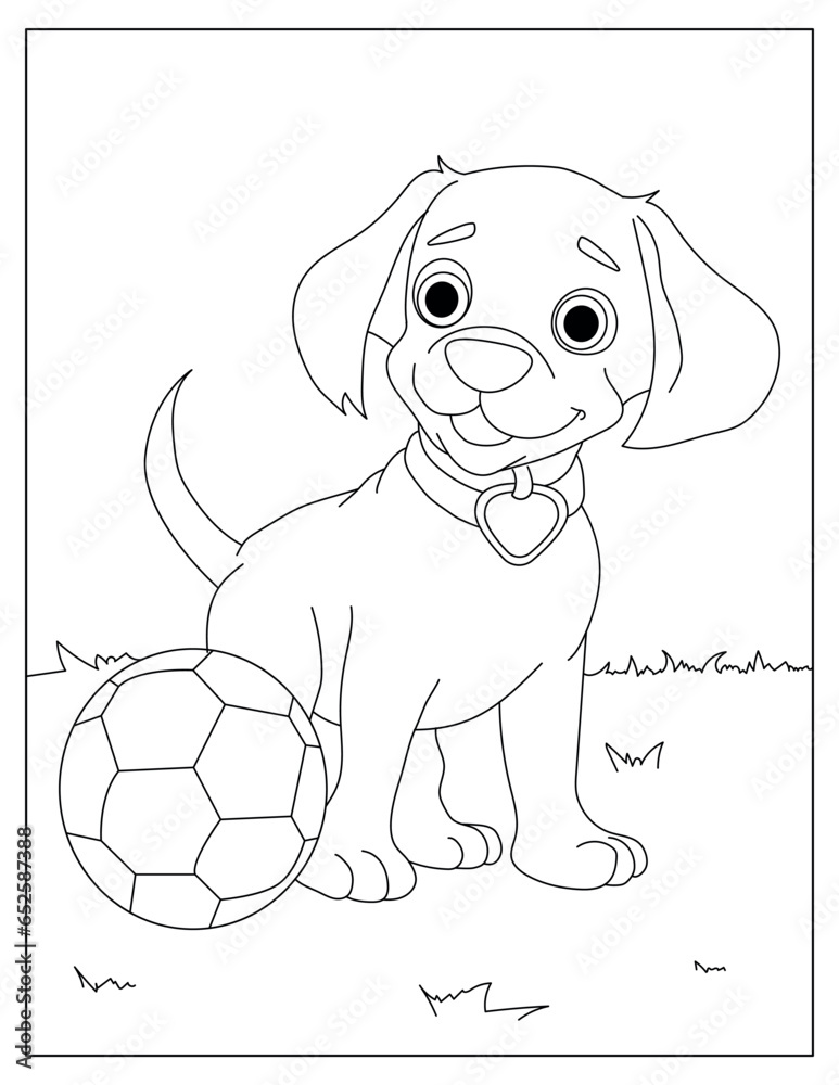 Fototapeta premium Cute happy dog with a ball, coloring page for children