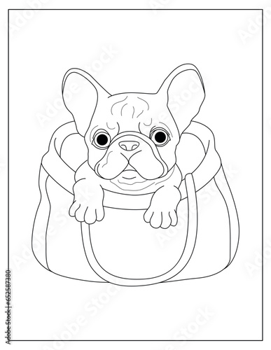 Cute little dog sitting in the bag coloring page for children