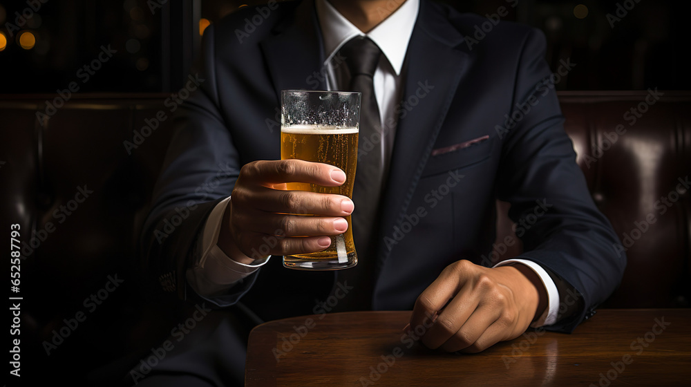 ビールグラスを持つスーツ姿の男性