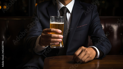 ビールグラスを持つスーツ姿の男性