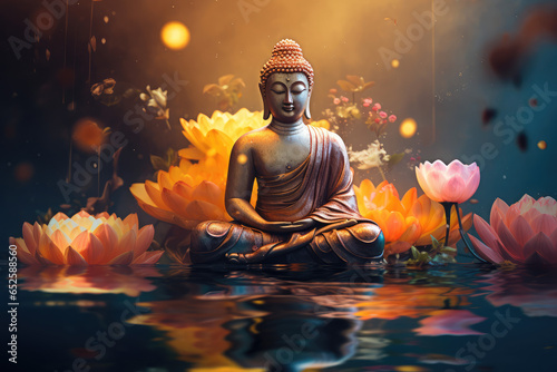 glowing golden buddha and water color flowers