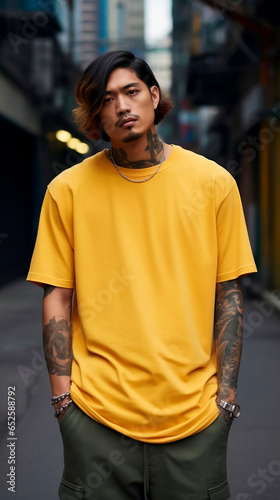 Asian guy standing on a city street wearing a yellow T-shirt