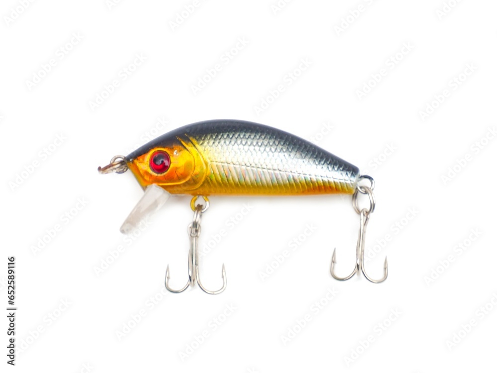 Picture of colorful fish shaped plug baits with 3 way hooks. Fishing equipment isolated on white background. Picture of colorful fish shaped plug baits with 3 way hooks. Fishing equipment isolated on white background.