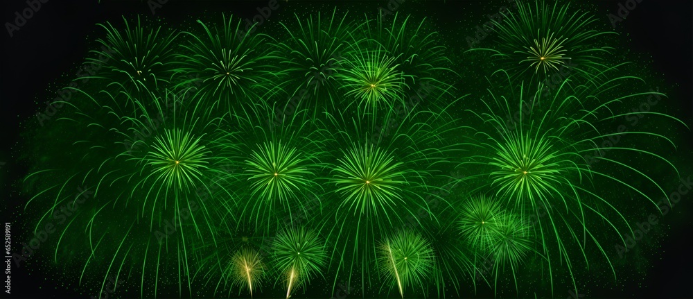 Green fireworks display on plain black background from Generative AI