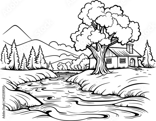 River in forest landscape drawing