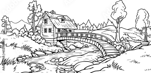 River in forest landscape drawing