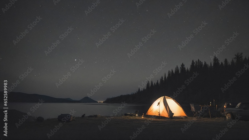 a tent is lit up at night by a lake and trees with a campfire in the foreground