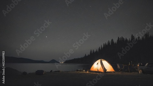 a tent is lit up at night by a lake and trees with a campfire in the foreground