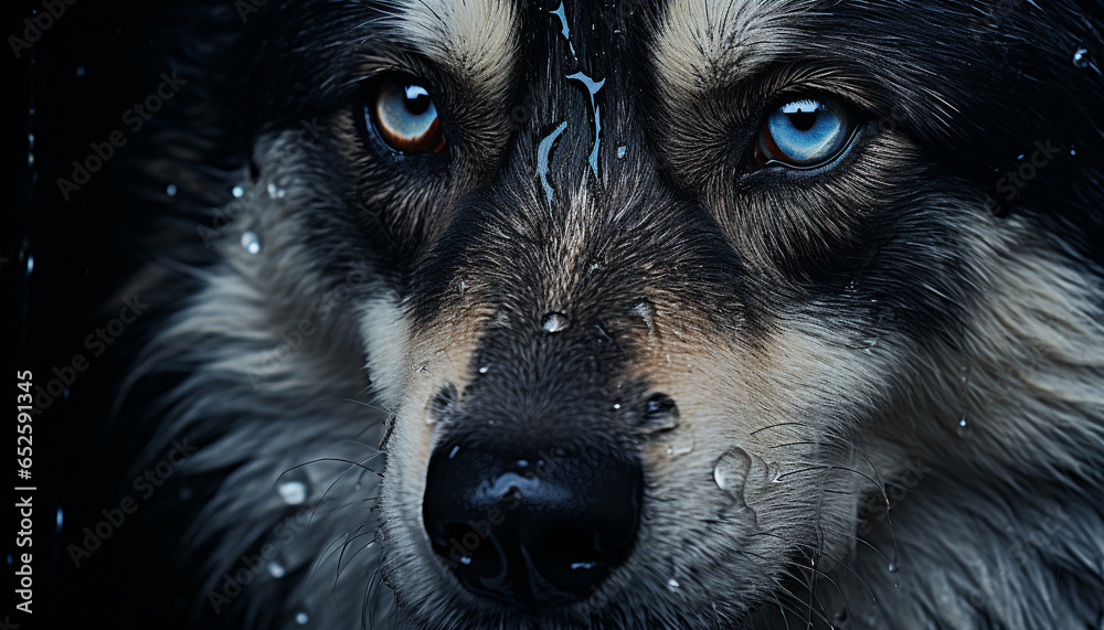 Wet canine snout, cute puppy, nature portrait, friendship in winter generated by AI
