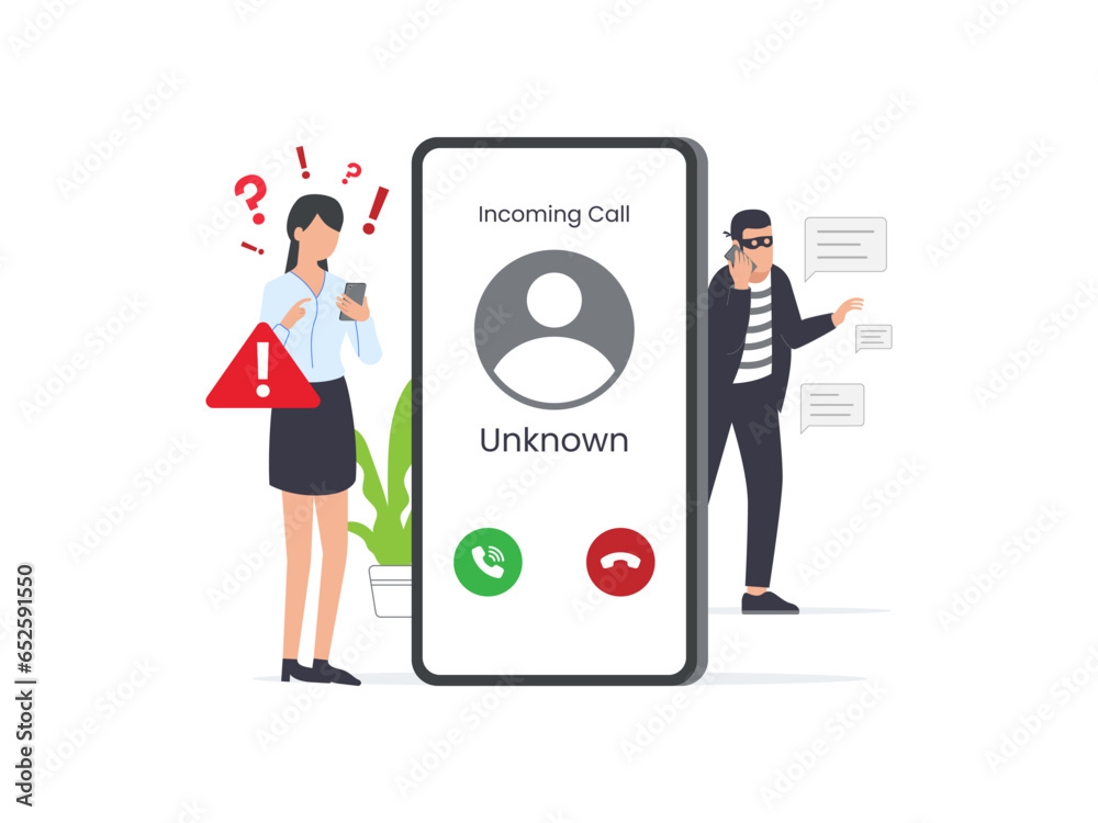 Concept of Cheating, Pranks, or Scams. Fraud People Makes Suspicious Call from Unknown Number on Smartphone. Cartoon Flat Vector Illustration.