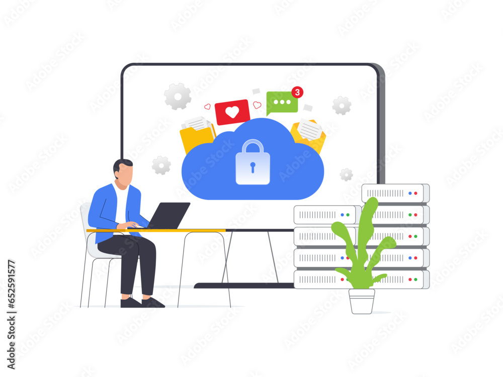 Cybersecurity in cloud-based media management. Protecting data files and documents in digital folders during data transfers. Vector illustration of cloud storage icon. Cybersecurity in cloud-based media management. Protecting data files and documents in digital folders during data transfers. Vector illustration of cloud storage icon.