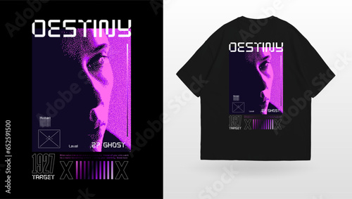 Art design of urban and retro-futuristic fusion, black oversize and template. futuristic text message in vibrant tones, with pixel art illustration woman in violet. essence of the human and futurist