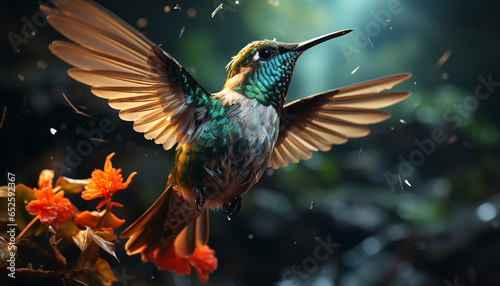 Hummingbird perching on branch, vibrant colors, nature iridescent beauty generated by AI