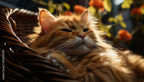 Cute domestic cat, playful and fluffy, sleeping in the grass generated by AI photo