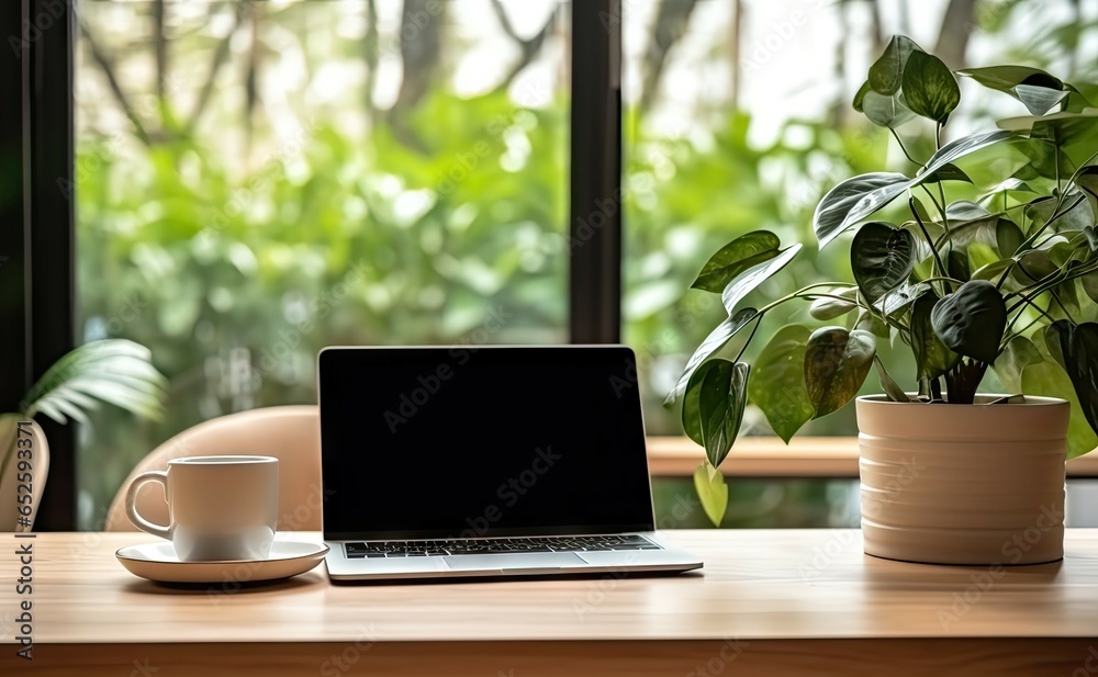 Work with view. Modern office setup with greenery. Tech savvy workspace. Laptop on desk with nature touch. Productive morning. Contemporary home with hint of green Work with view. Modern office setup with greenery. Tech savvy workspace. Laptop on desk with nature touch. Productive morning. Contemporary home with hint of green