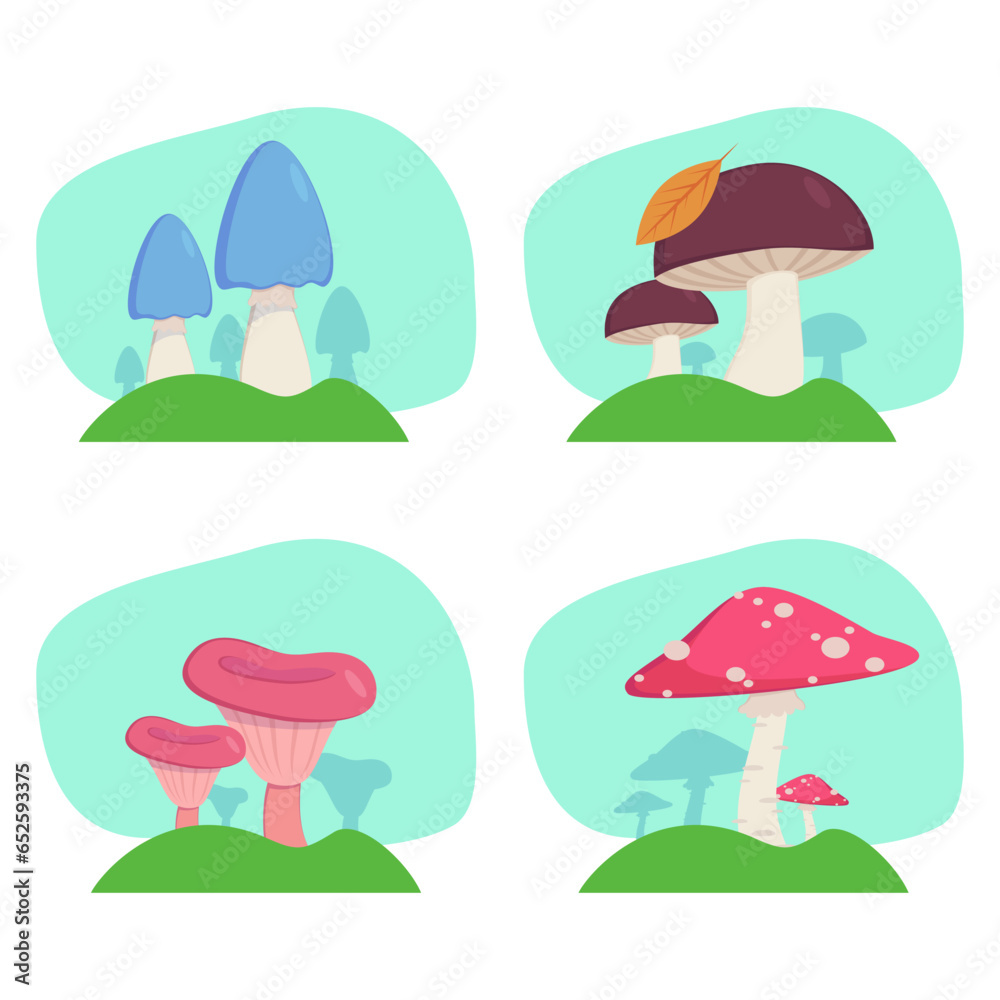 Mushrooms growing on grass vector illustrations set. Fresh poisonous and edible plants, chanterelle or fungus in wild forest on blue background. Autumn nature, food, wildlife concept Mushrooms growing on grass vector illustrations set. Fresh poisonous and edible plants, chanterelle or fungus in wild forest on blue background. Autumn nature, food, wildlife concept
