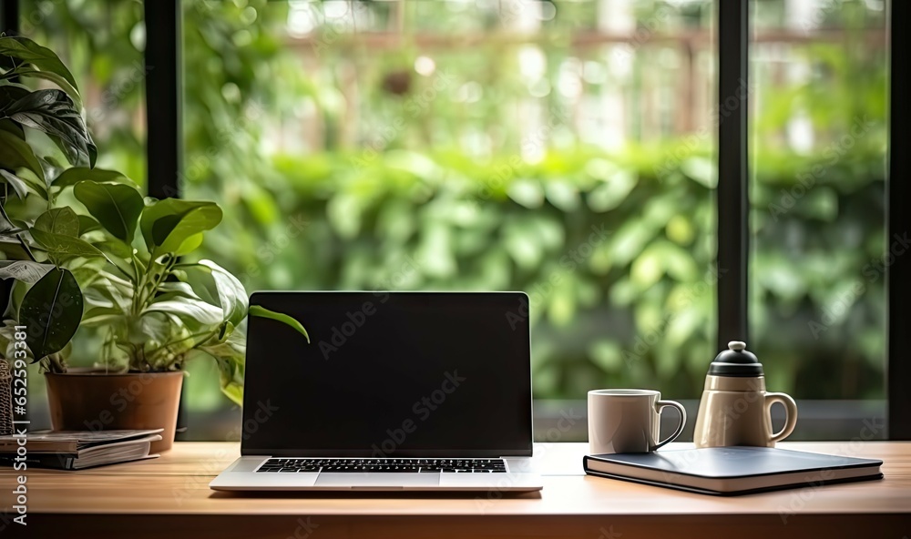 Work with view. Modern office setup with greenery. Tech savvy workspace. Laptop on desk with nature touch. Productive morning. Contemporary home with hint of green Work with view. Modern office setup with greenery. Tech savvy workspace. Laptop on desk with nature touch. Productive morning. Contemporary home with hint of green