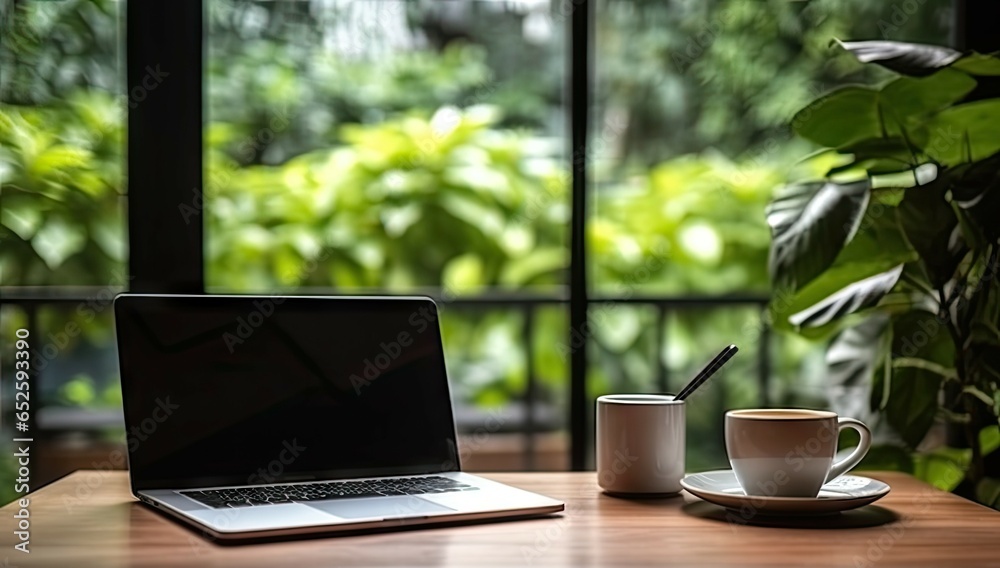 Work with view. Modern office setup with greenery. Tech savvy workspace. Laptop on desk with nature touch. Productive morning. Contemporary home with hint of green Work with view. Modern office setup with greenery. Tech savvy workspace. Laptop on desk with nature touch. Productive morning. Contemporary home with hint of green