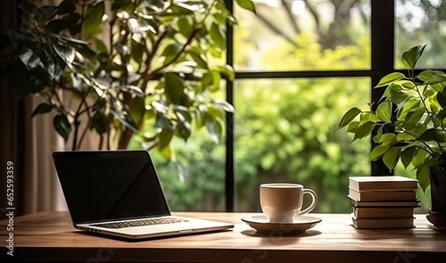 Work with view. Modern office setup with greenery. Tech savvy workspace. Laptop on desk with nature touch. Productive morning. Contemporary home with hint of green