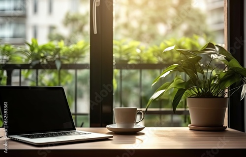 Work with view. Modern office setup with greenery. Tech savvy workspace. Laptop on desk with nature touch. Productive morning. Contemporary home with hint of green