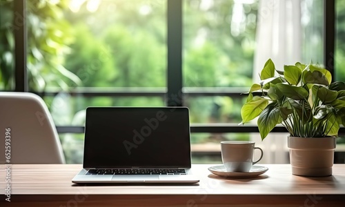 Work with view. Modern office setup with greenery. Tech savvy workspace. Laptop on desk with nature touch. Productive morning. Contemporary home with hint of green