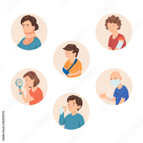 People or kids with disease symptoms vector illustrations set. Collection of cartoon drawings of characters with injuries, broken arms, acne, cold. Medicine, healthcare, treatment concept