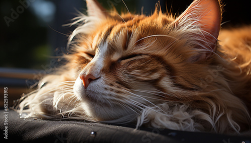 A cute kitten with fluffy fur, sleeping peacefully in nature generated by AI photo