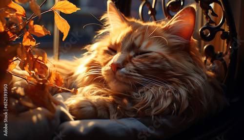 Cute kitten resting on grass, enjoying the autumn sunlight generated by AI