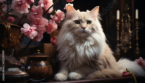 Cute kitten sitting, looking at camera, surrounded by beautiful nature generated by AI