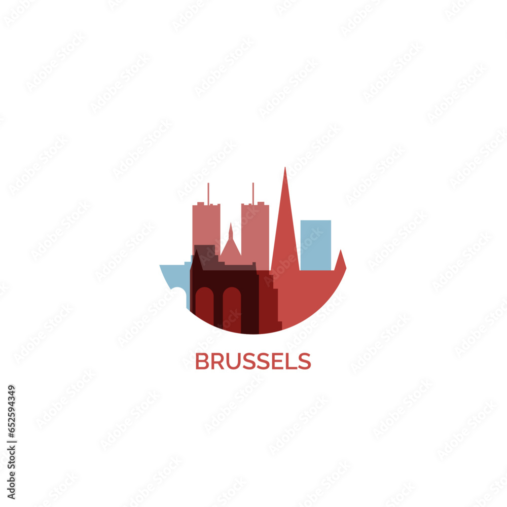 Belgium Brussels city cityscape skyline capital panorama vector flat modern logo icon. Bruxelles Europe emblem idea with landmarks and building silhouettes