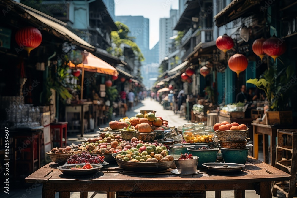 Vibrant city street market where people of different ethnicities shop for unique goods, Generative AI