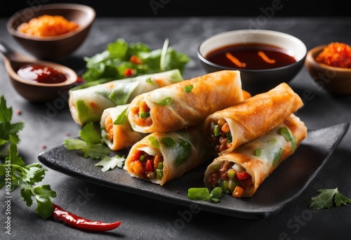 A vegetable spring roll with sweet chili sauce. Generative AI