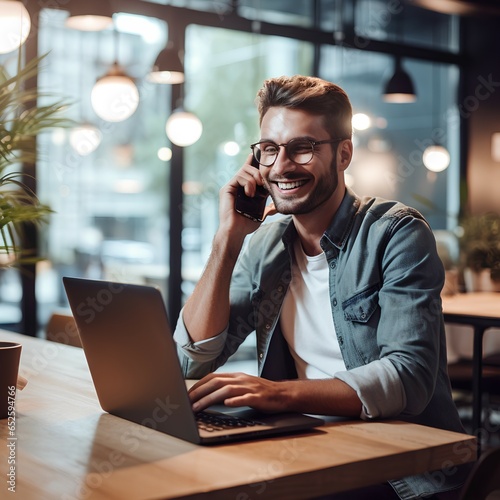 young smiling cheerful entrepreneur in casual office making phone call while working with laptop ai generated