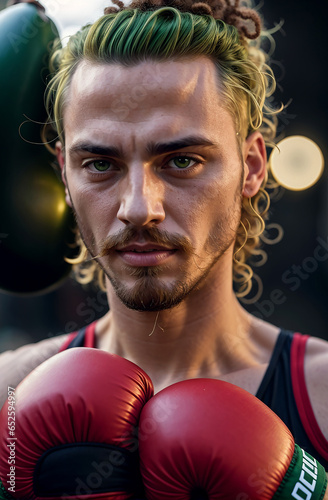 Portrait of a male standing in the gym. He is looking at camera seriously.He has green hair. He confidently puts on her boxing gloves.