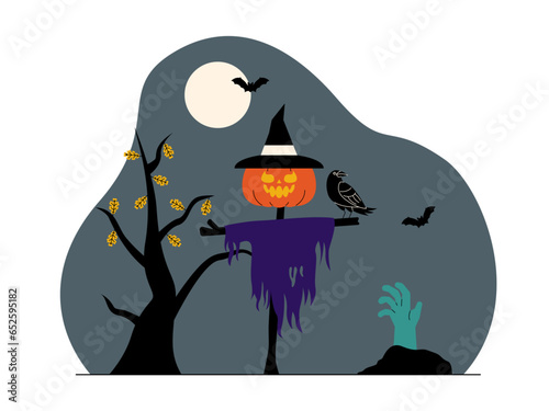 Spooky flat vector illustration. Spooky background with scared tree, bat, moon, scarecrow, pumpkin and crow.