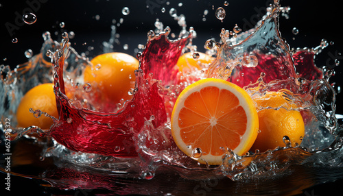 Freshness splashing  wet lemon drop  citrus fruit in liquid wave generated by AI