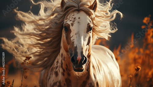 Sunlit horse running free in meadow, a portrait of beauty generated by AI