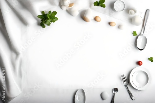 White linen napkin on wooden background with copy space. Top view flat lay. Kitchen napkin on white table.