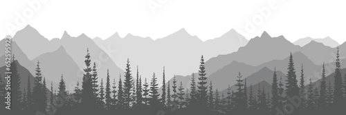 Black and white mountain landscape, ridges in the fog, seamless border, panoramic view