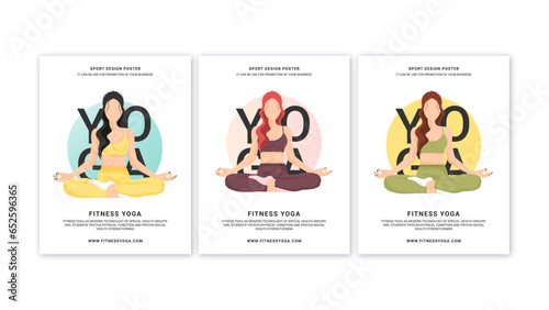 Cartoon Posters with Girl Doing Yoga in Lotus Pose. Posters are in three different colors. 