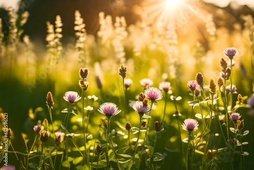 The landscape of white daisy blooms in a field, with the focus on the setting sun. The grassy meadow is blurred, creating a warm golden-hour effect during sunset