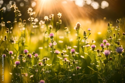 The landscape of white daisy blooms in a field, with the focus on the setting sun. The grassy meadow is blurred, creating a warm golden-hour effect during sunset