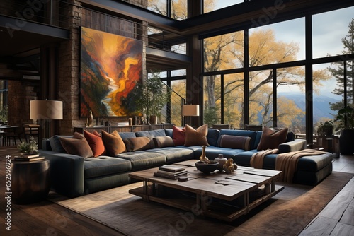 Family room with a large sectional sofa, a wall-mounted TV, and cozy throw pillows, Generative AI © Shooting Star Std