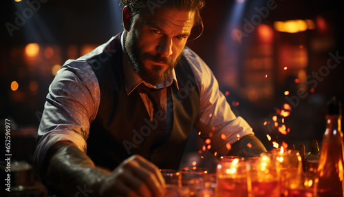 A businessman sitting at a bar  enjoying a whiskey cocktail generated by AI