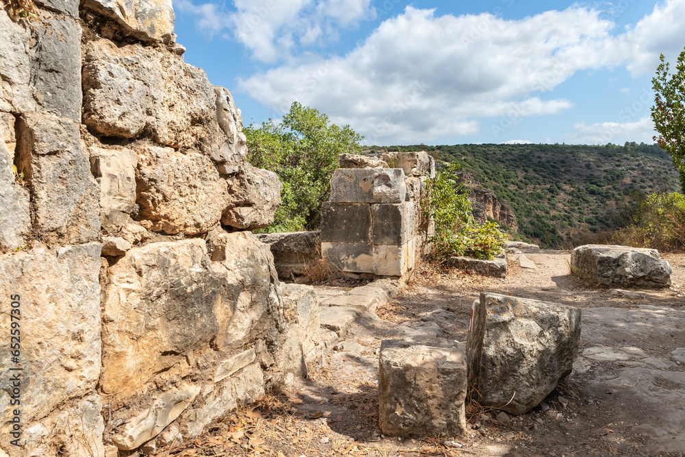 The remains  of walls of courtyard in ruins of residence of the Grand Masters of the Teutonic Order in the ruins of the castle of the Crusader fortress located in the Upper Galilee in northern Israel