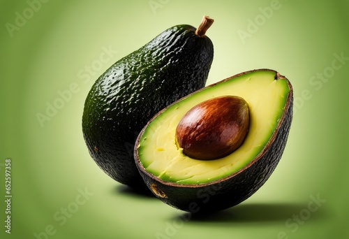 avocado sliced in half, revealing its creamy flesh and large pit. Generative AI photo