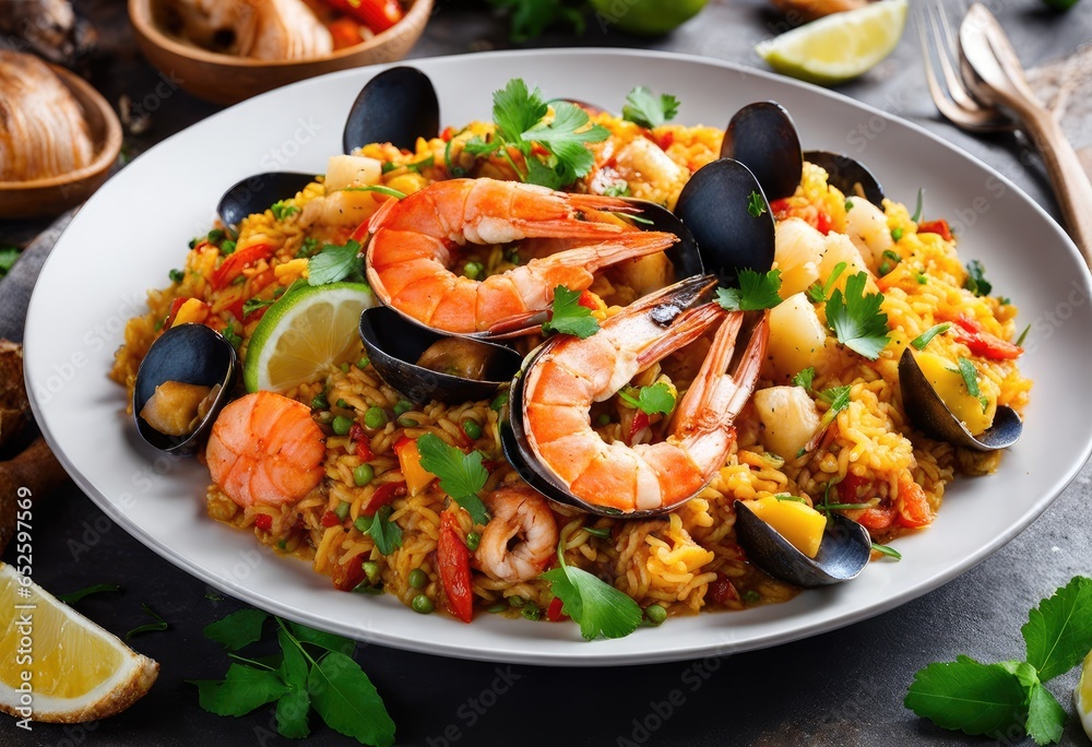 Generative AI An enticing plate seafood paella,but instead seafood use diced kiwis Generative AI An enticing plate seafood paella,but instead seafood use diced kiwis