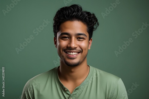 Happy young hispanic man on a solid light green background. Generative ai.