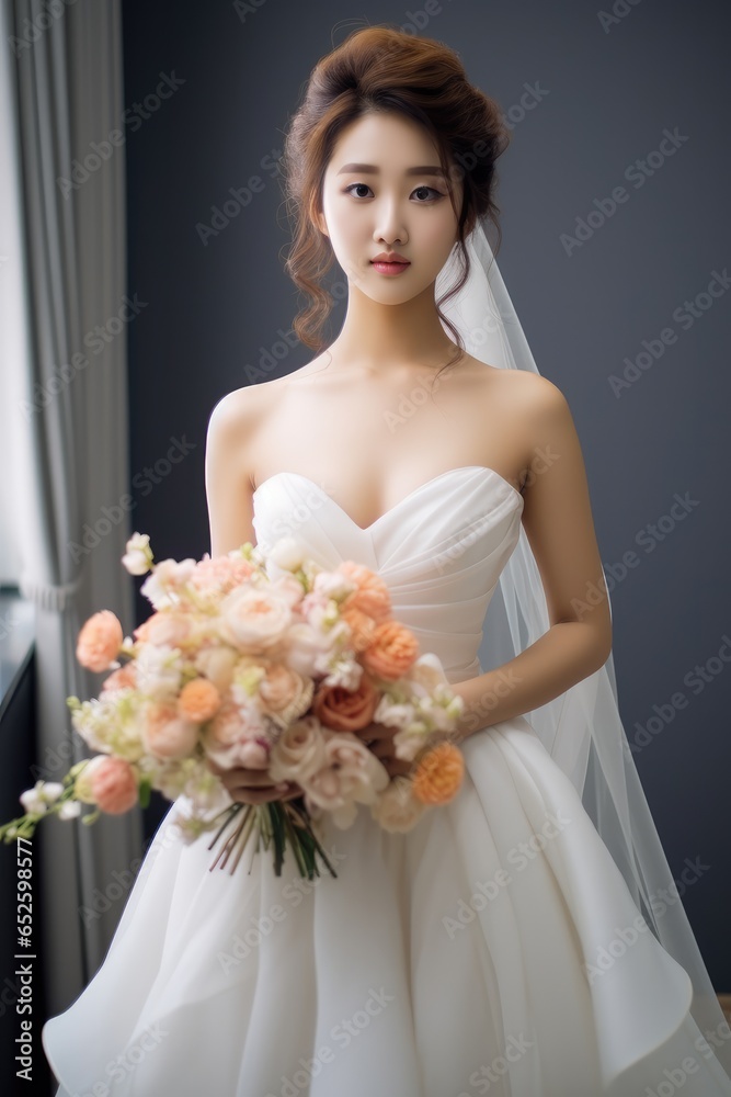 Naklejka premium Beautiful bride Asian woman in white wedding dress.